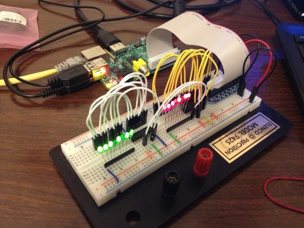 Testing out the SPI interface on the Raspberry Pi with 16 LEDs and a couple of shift registers.